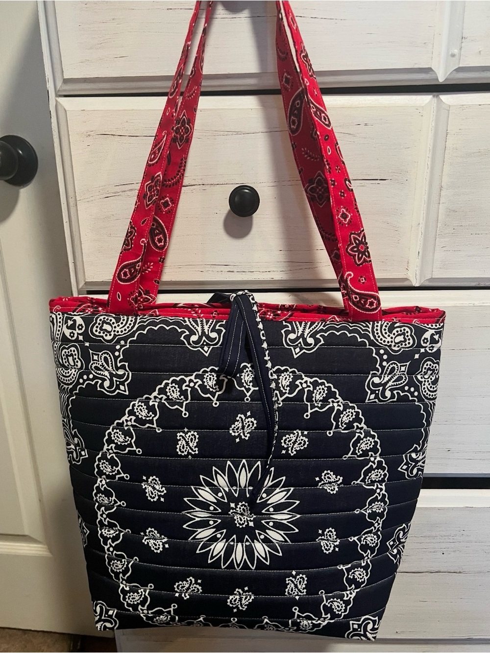 Handmade Quilted Bandana Tote Bag Blue White Red Paisley Western Cowgirl